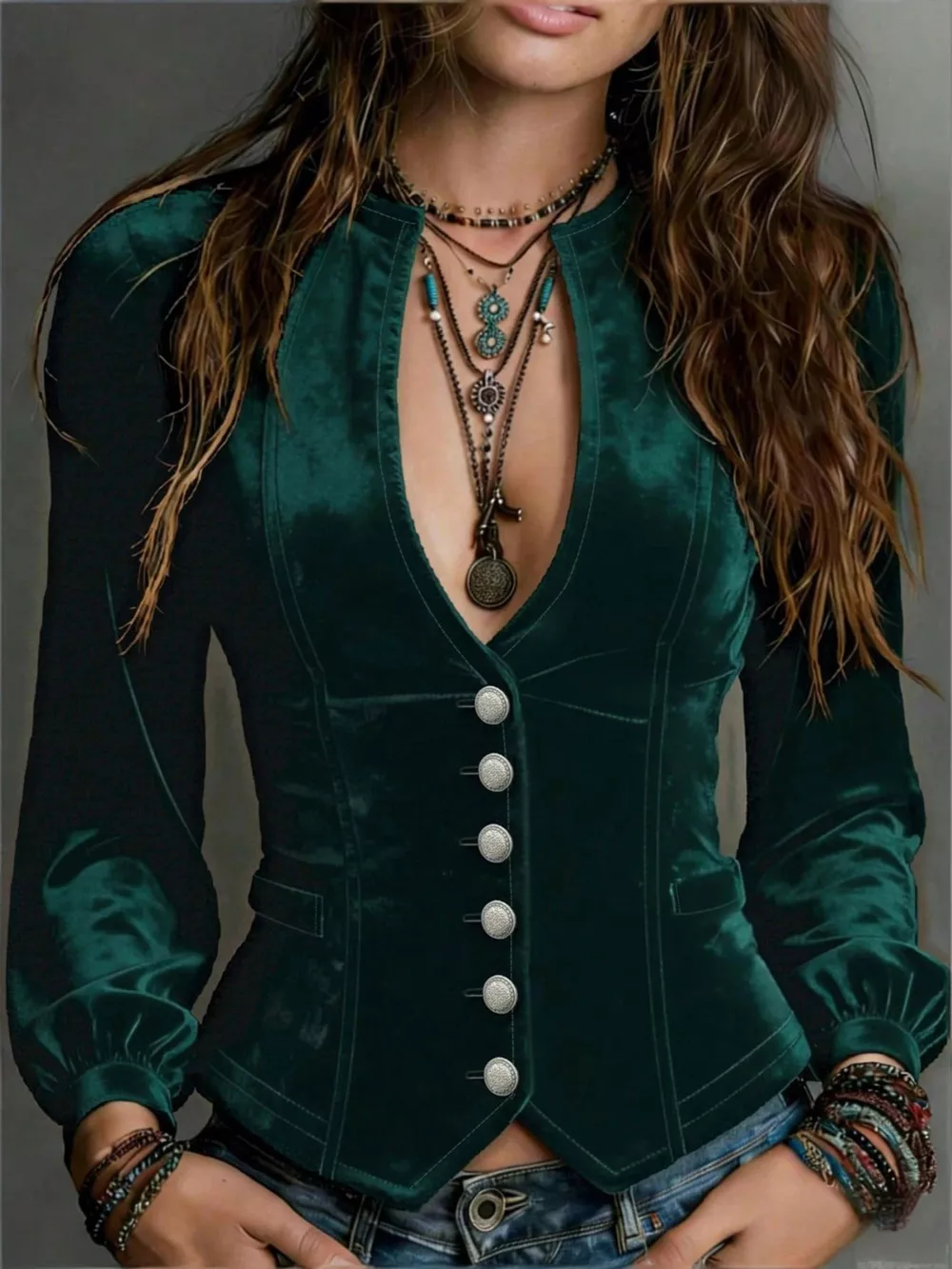 Button Down Plunge Velvet Shirt, image 9