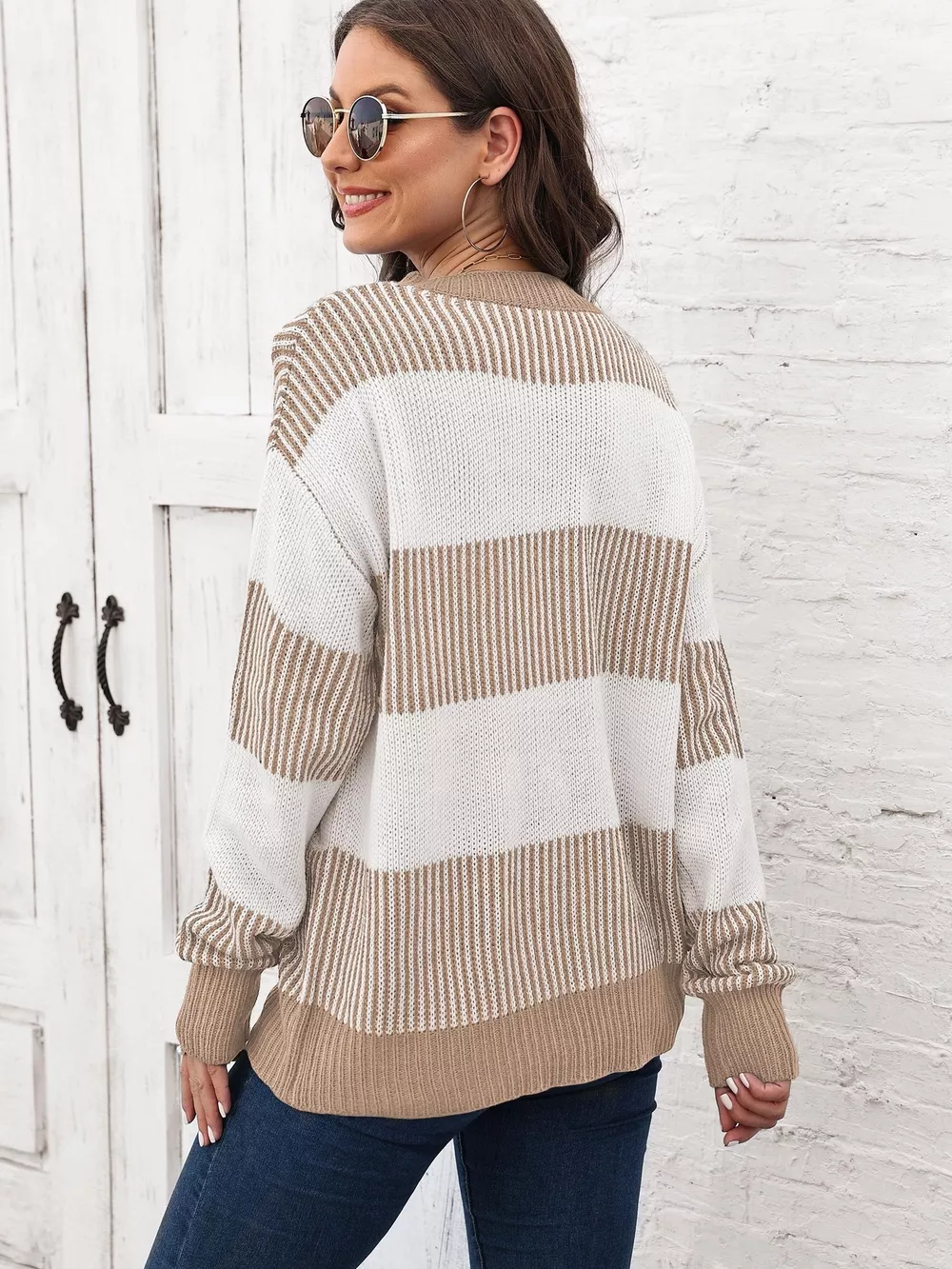 Full Size Striped Color Block Crew Neck Sweater Plus Size, image 9