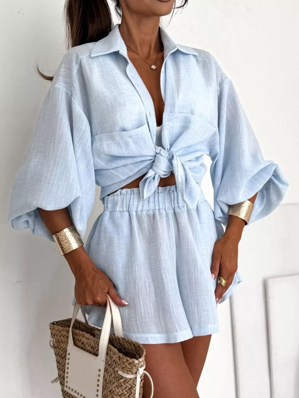 Long Sleeve Shirt and High-Waisted Shorts Set, image 3
