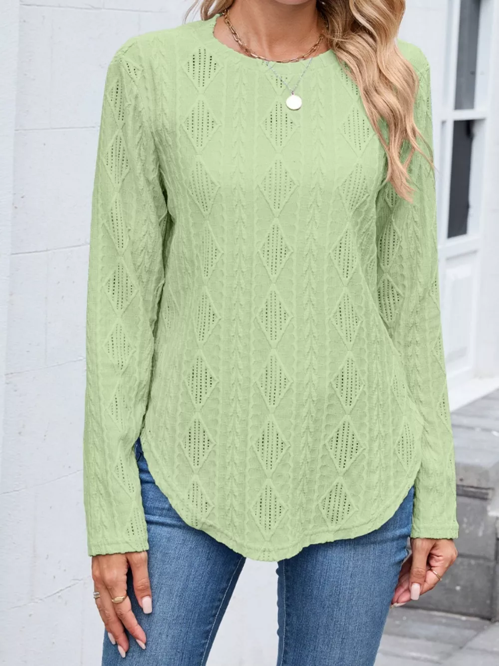 Textured Diamond Knit Long Sleeve T-Shirt, image 6