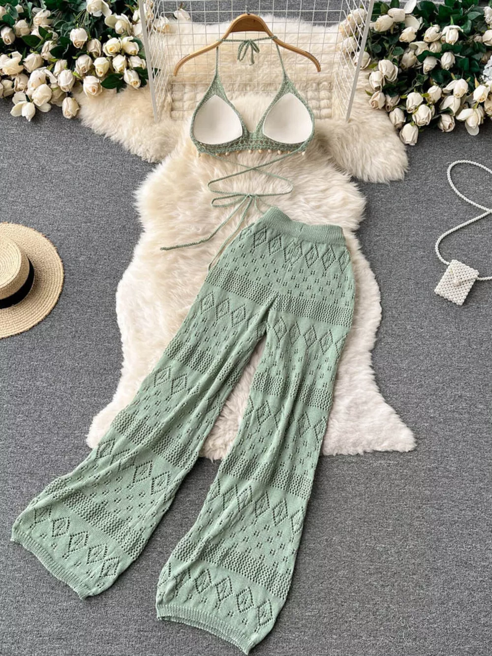 Crochet Knit Halter Neck Top and Wide Leg Pants Set, image 5