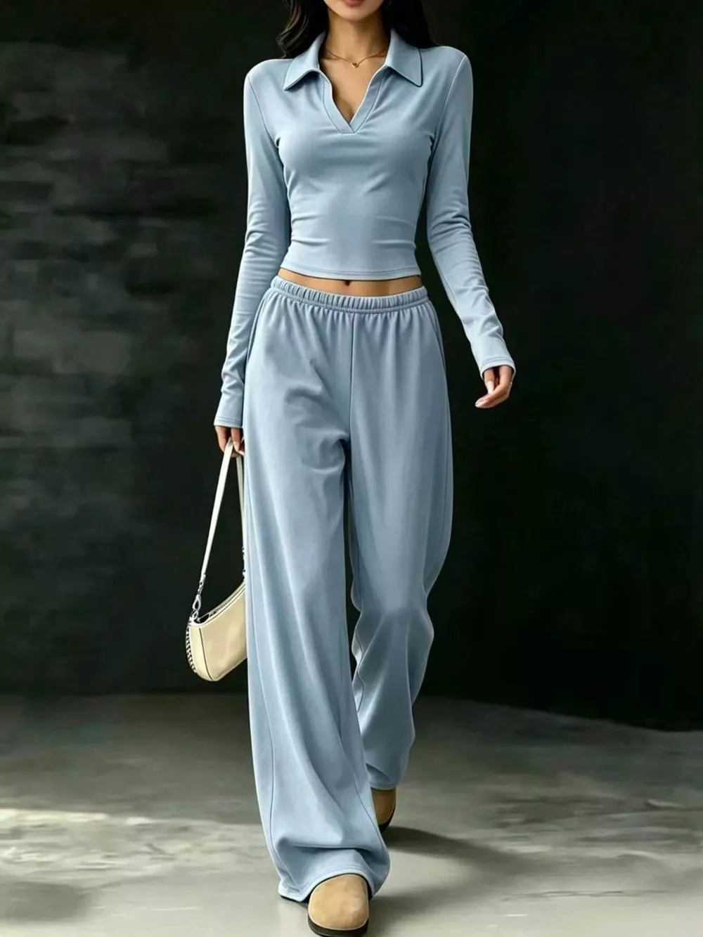 Long-Sleeve Polo Top and Wide-Leg Pants Set, image 11