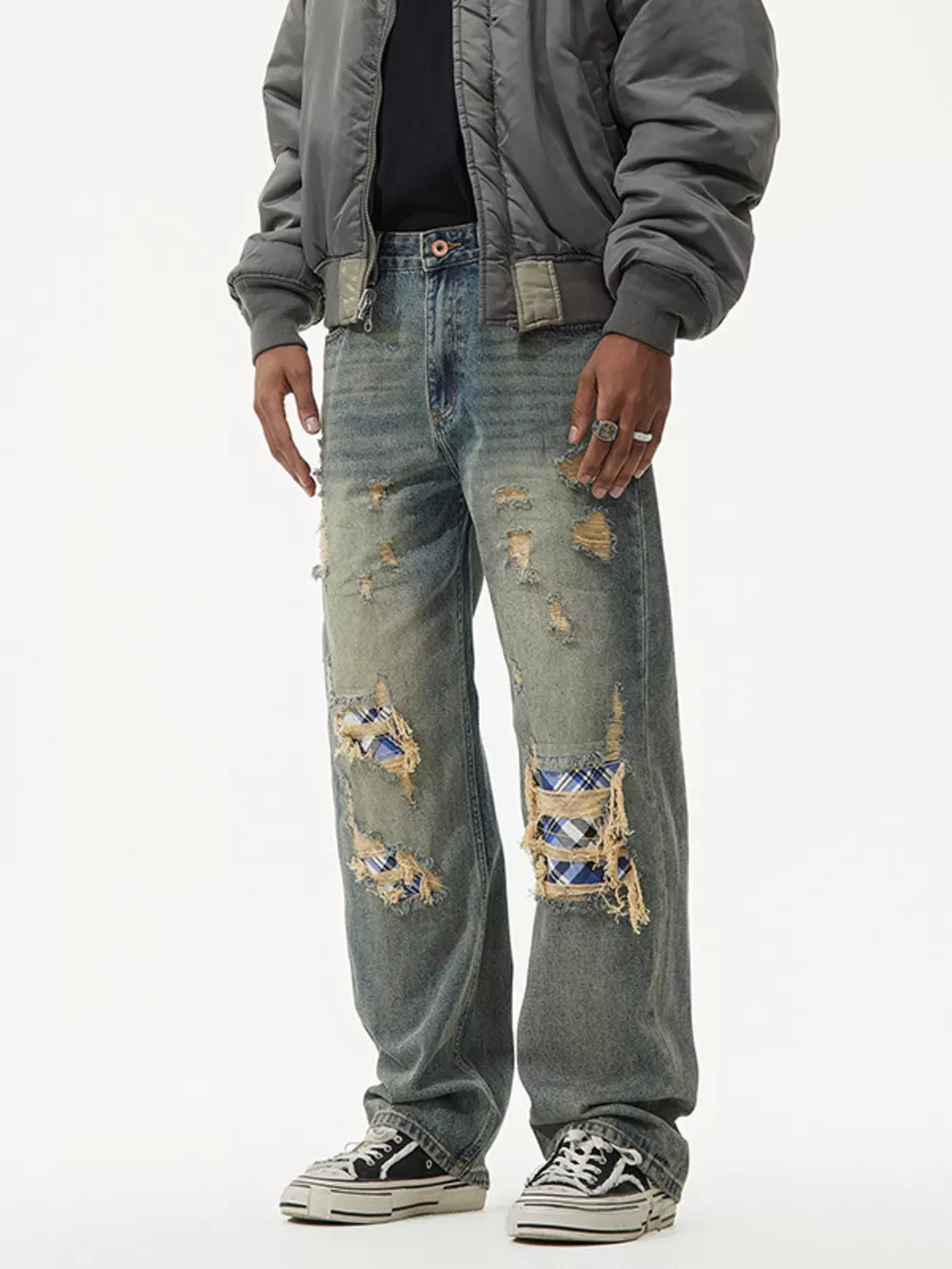 Men's Distressed Plaid Patch Wide Leg Jeans, image 2