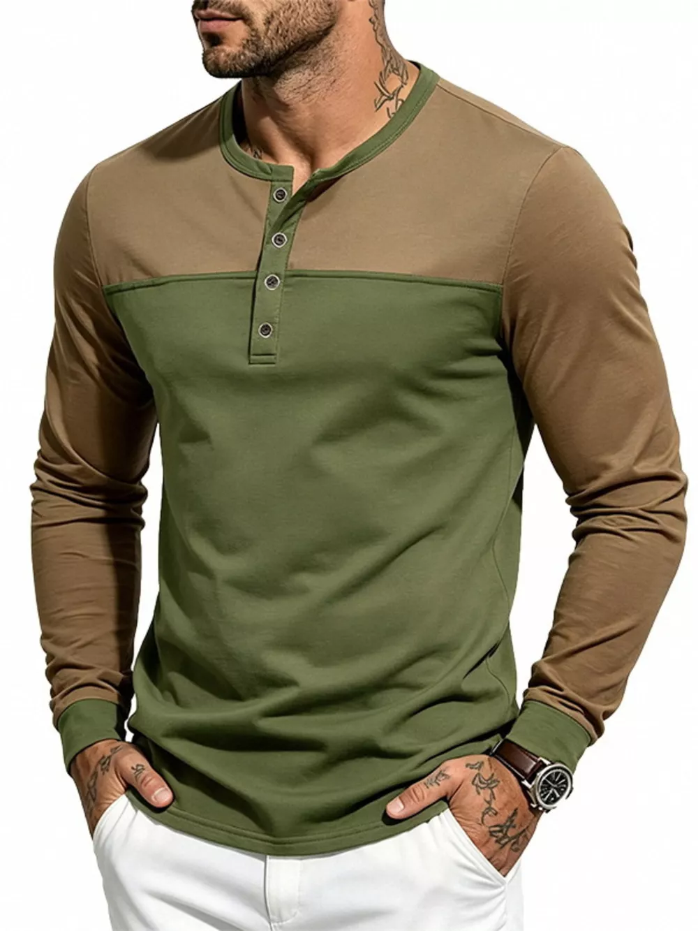 Men's Full Size Color-Block Long Sleeve Henley T-Shirt Plus Size, image 2