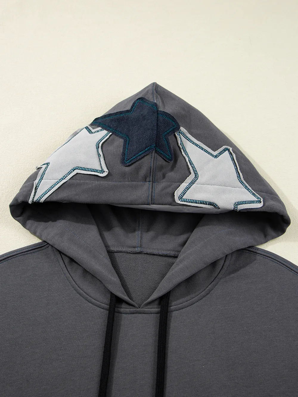 Star Patchwork Contrast Stitching Mineral Wash Kangaroo Pocket Hoodie, image 11