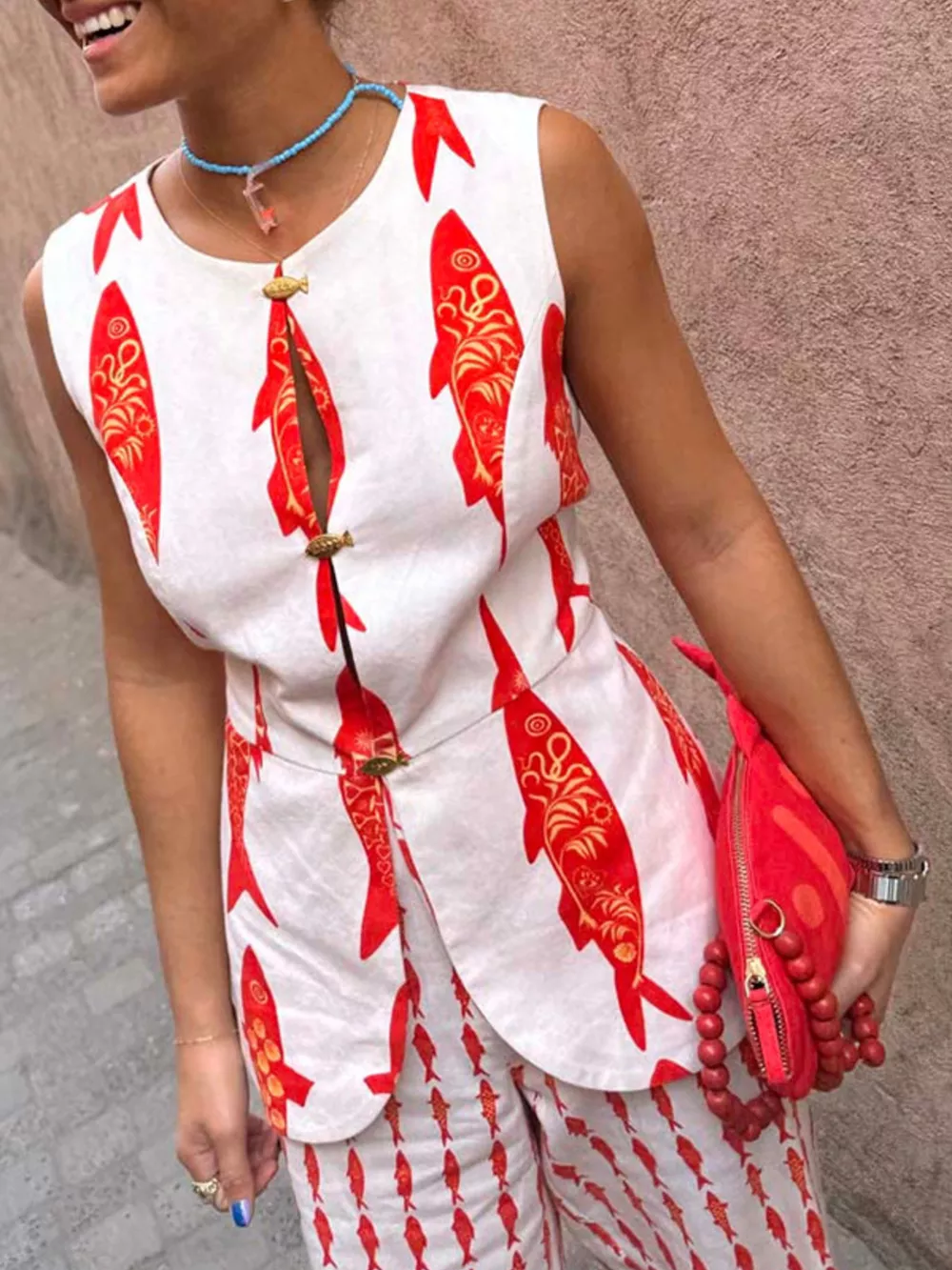 Fish Print Sleeveless Top and Pants Set, image 2