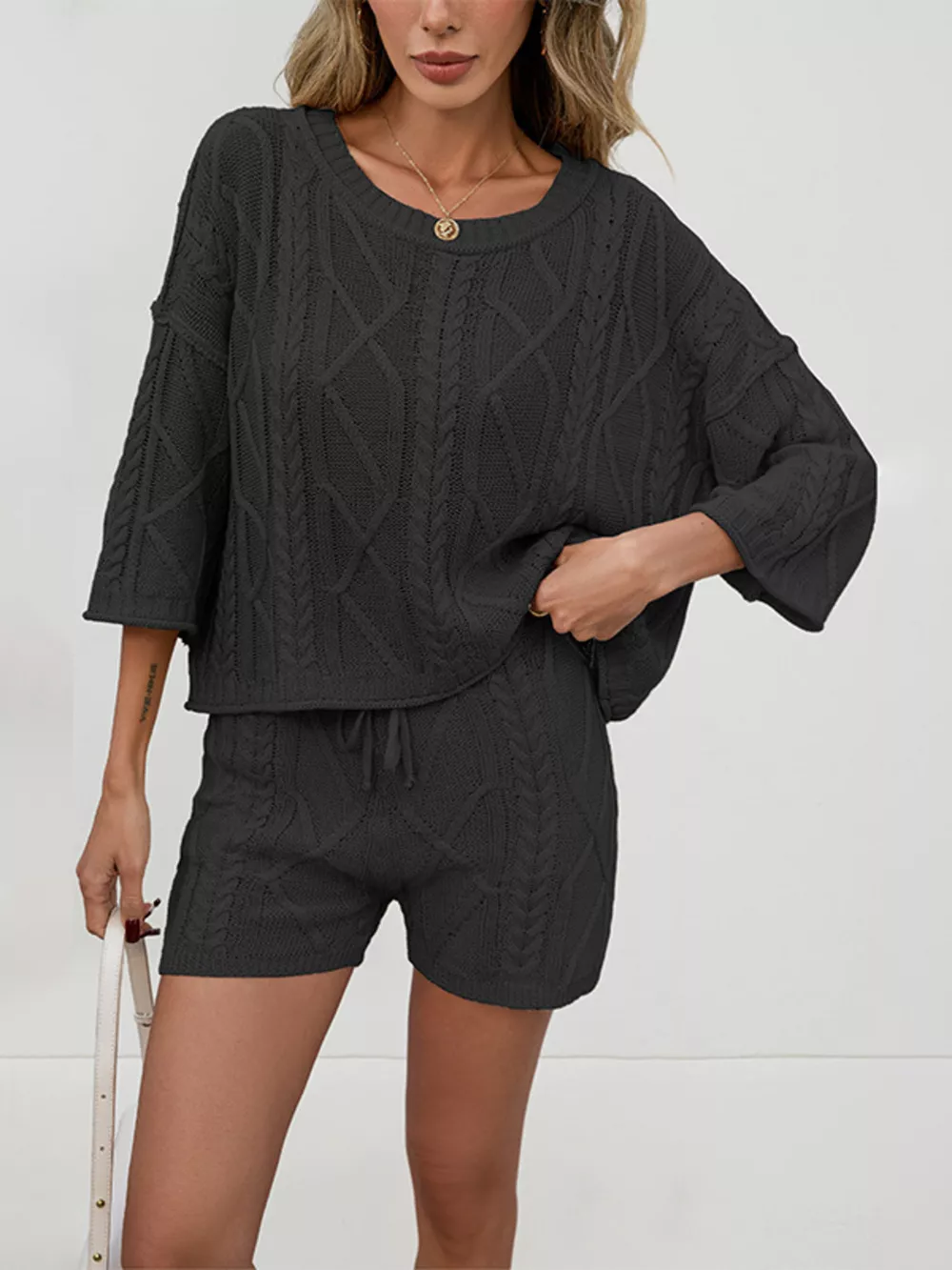 Cable Knit 3/4 Sleeve Sweater and Shorts Set, image 2