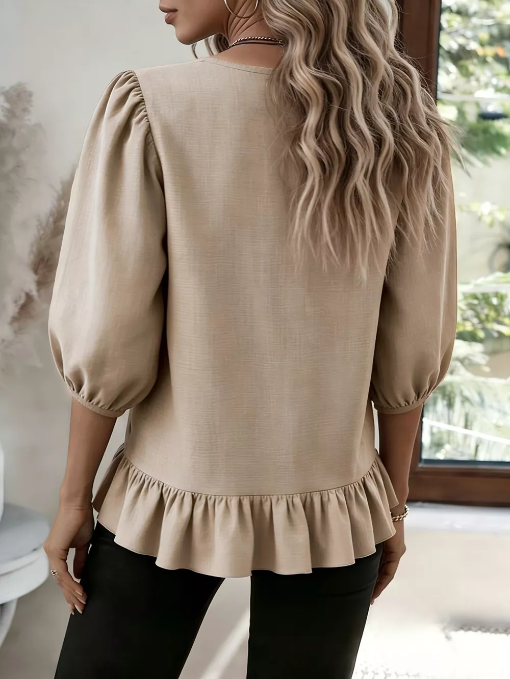 Casual Puff Sleeve Ruffle Hem Blouse, image 4