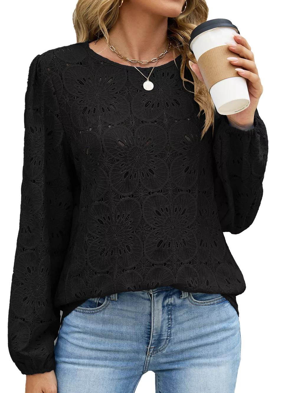 Floral Eyelet Lace Long Sleeve Blouse, image 16