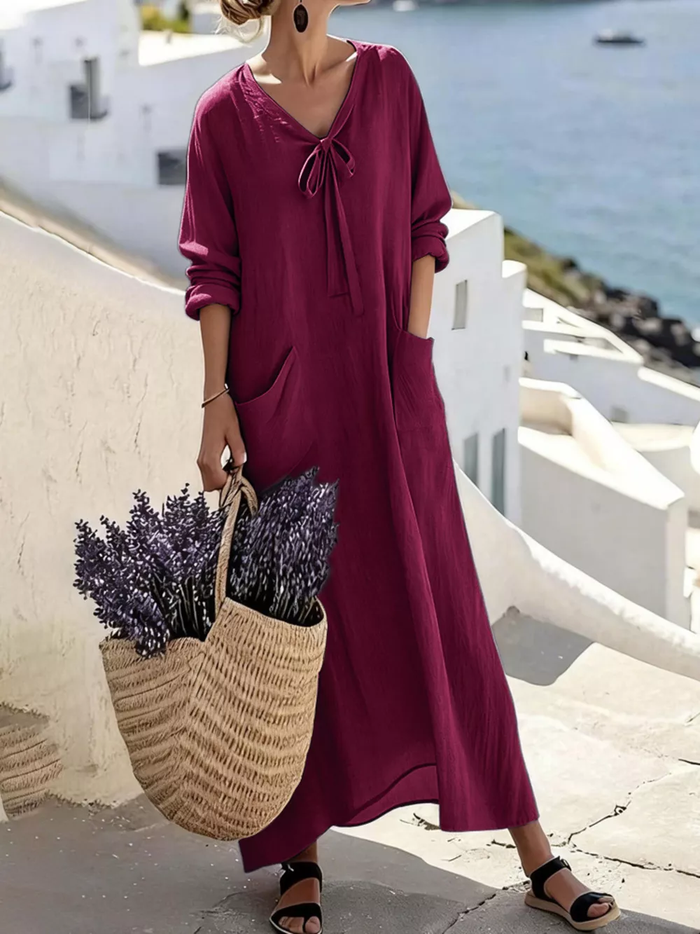 Full Size Long Sleeve Loose Maxi Dress with Pockets Plus Size, image 7