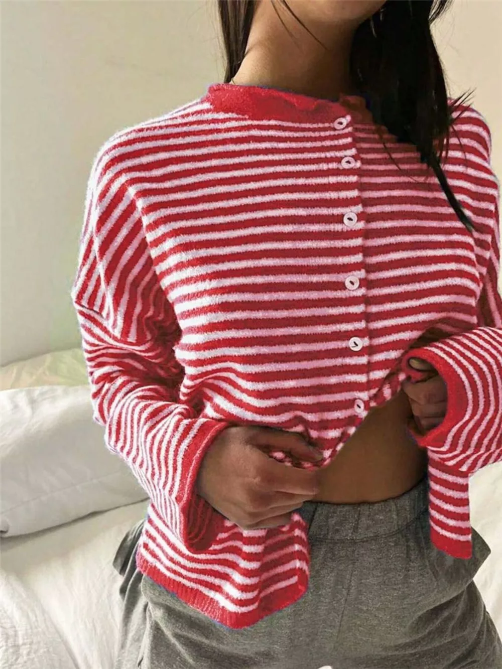 Striped Knit Button Up Cardigan, image 2