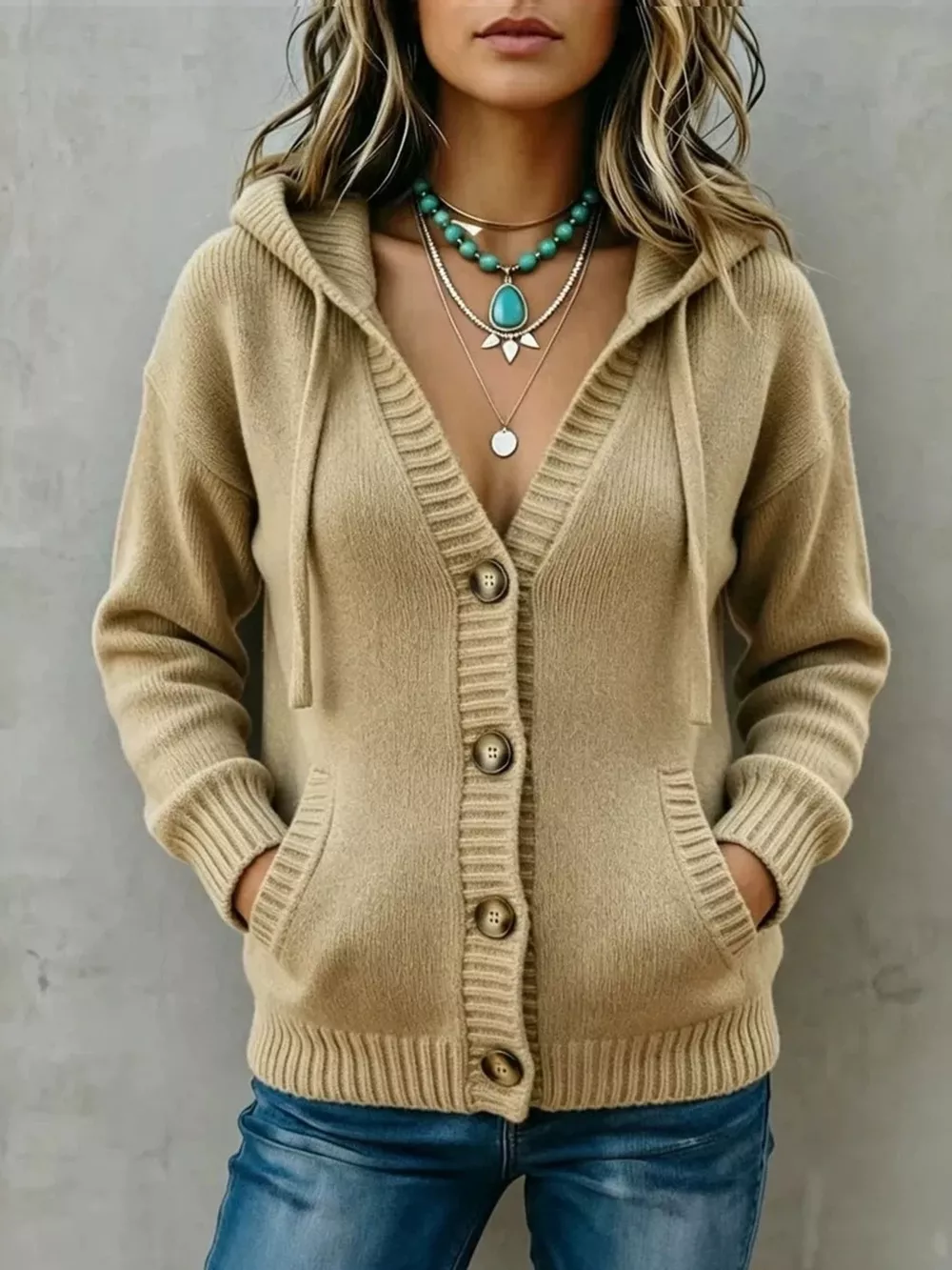 Hooded Button-Down Knit Cardigan, image 3
