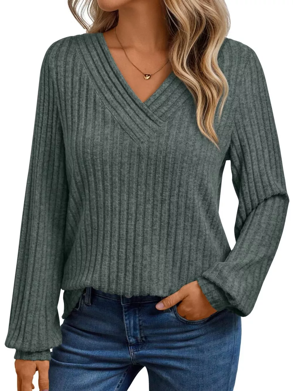 Ribbed Knit V-Neck Long Sleeve T-Shirt, image 5