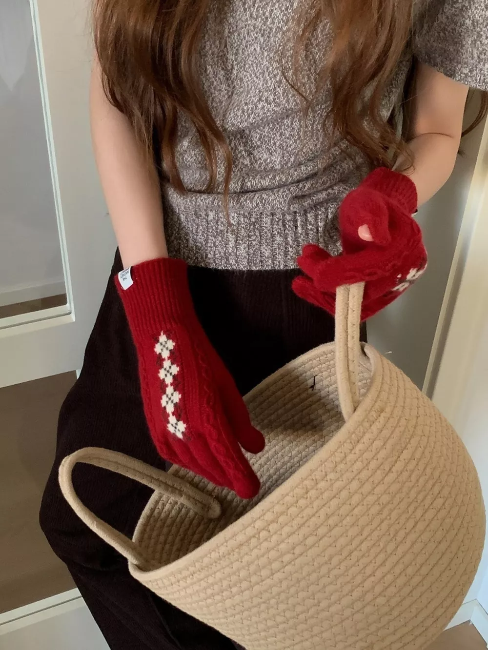 Geometric Pattern Knitted Warm Winter Gloves, image 5