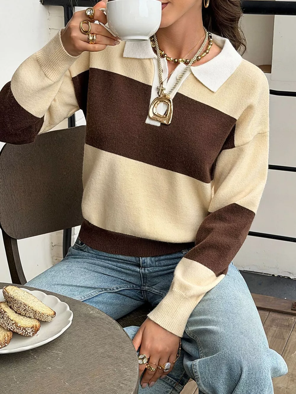 Color Block Polo Collar Knit Sweater
