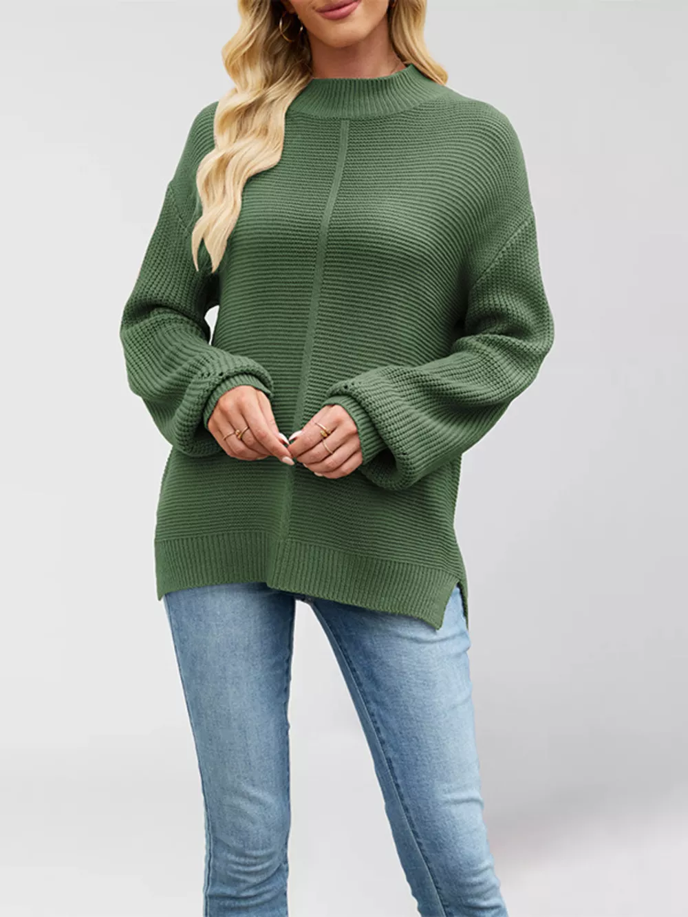 Ribbed Mock Neck Drop Shoulder Sweater, image 4