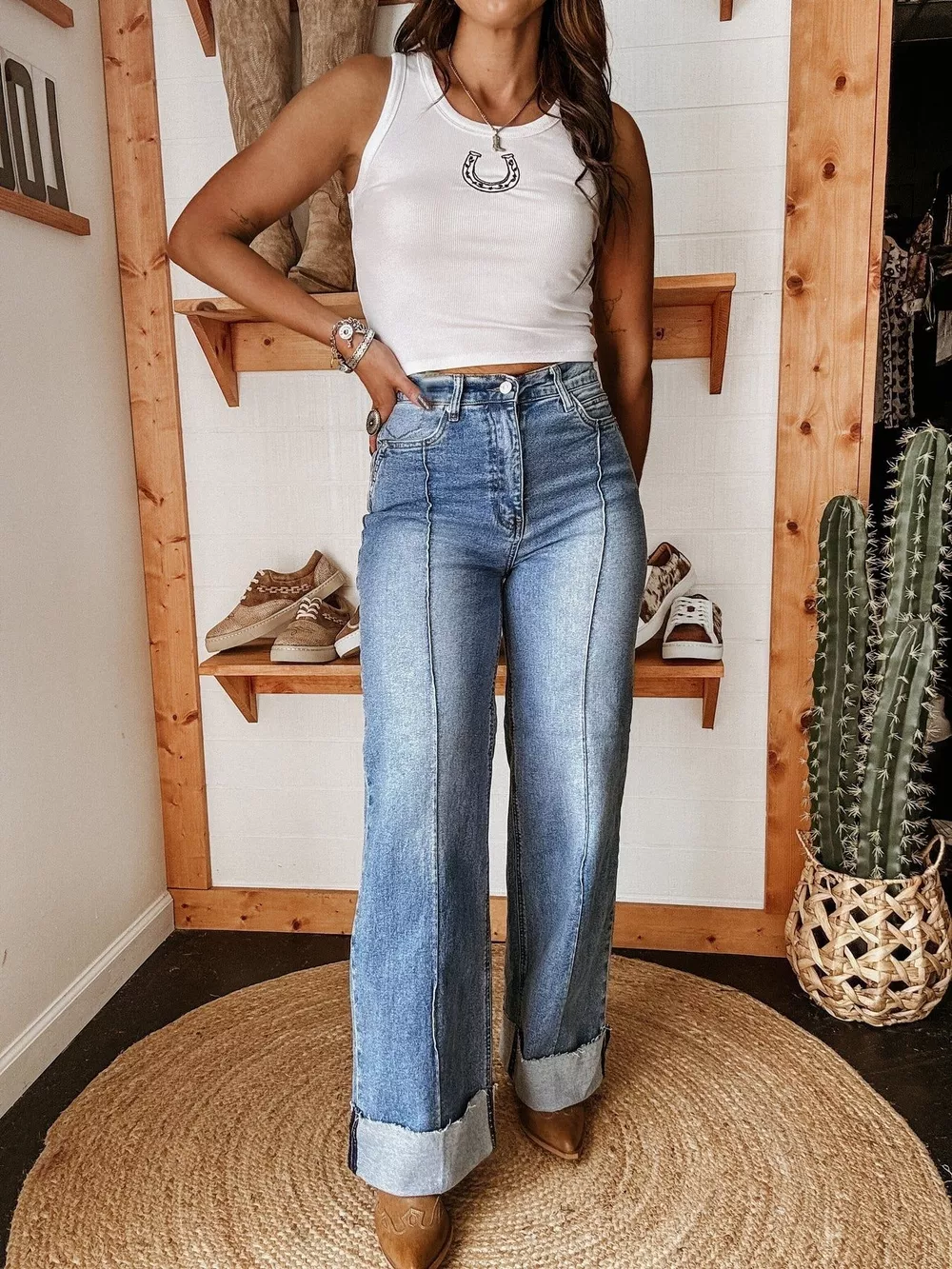 High-Waisted Wide Leg Cuffed Jeans