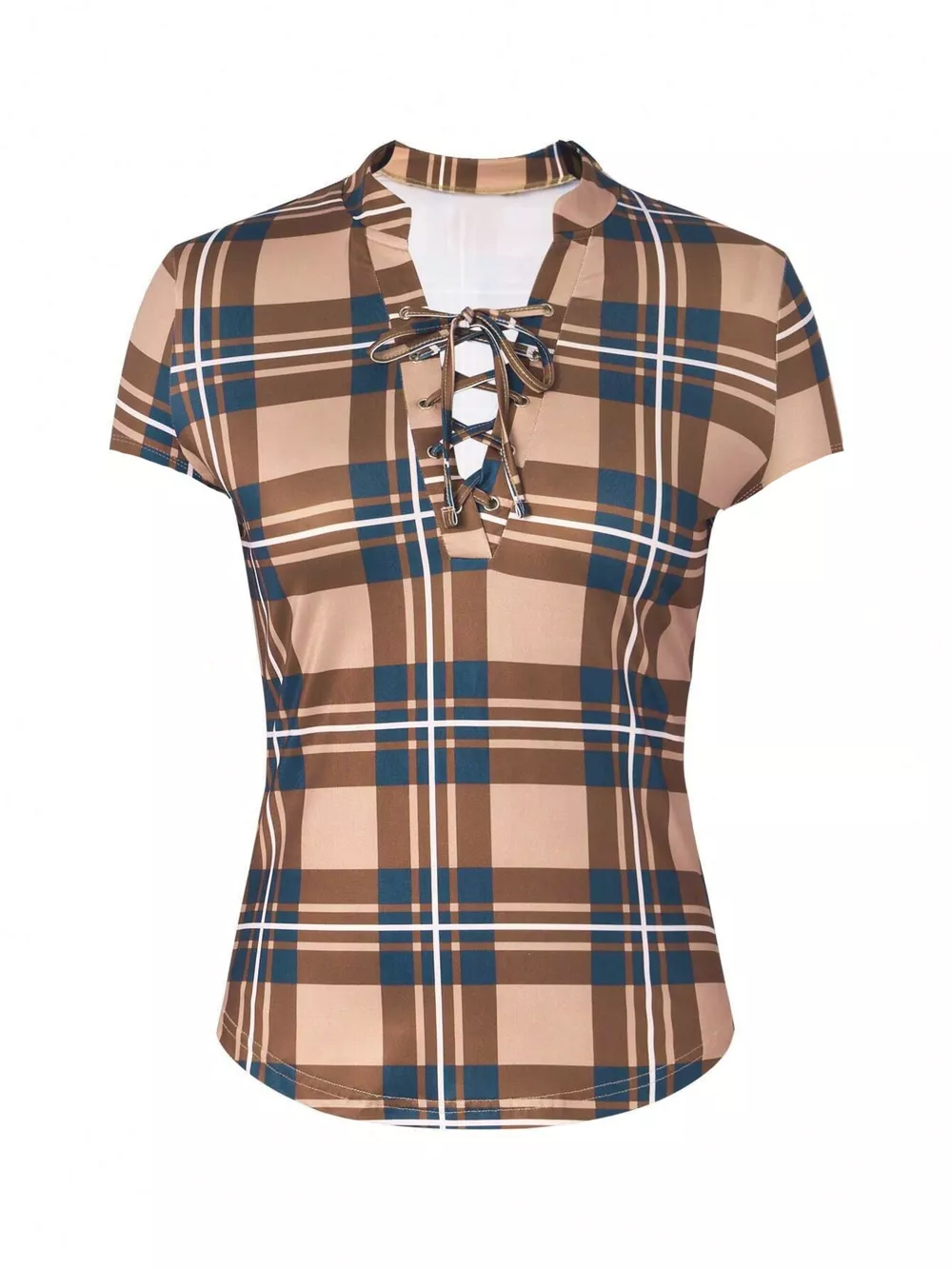 Plaid Lace-Up Short Sleeve Blouse, image 8