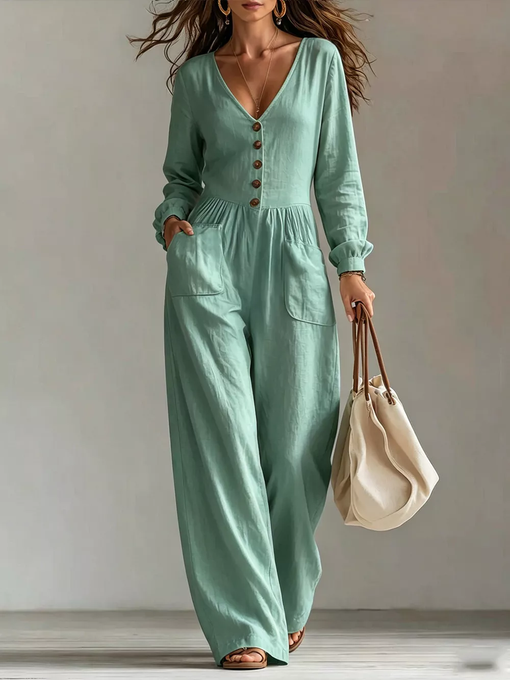 V-Neck Long Sleeve Button Front Wide-Leg Jumpsuit, image 5