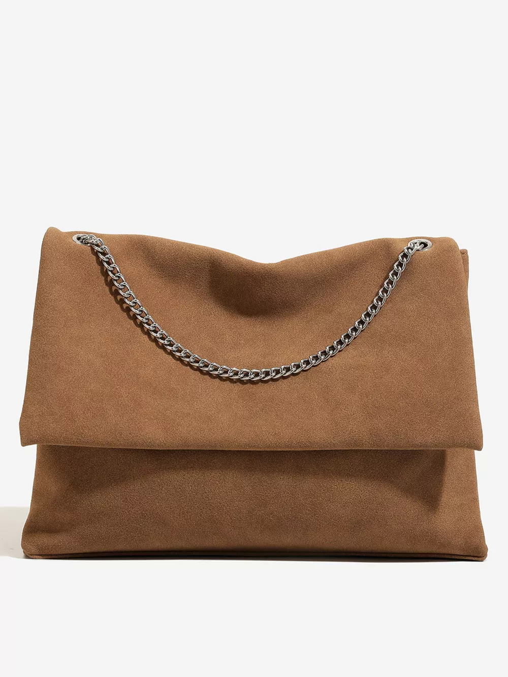 Suede Shoulder Bag with Metallic Chain Strap, image 3