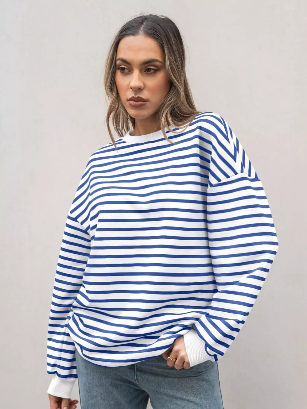 Striped Round Neck Oversized Casual Sweatshirt, image 17