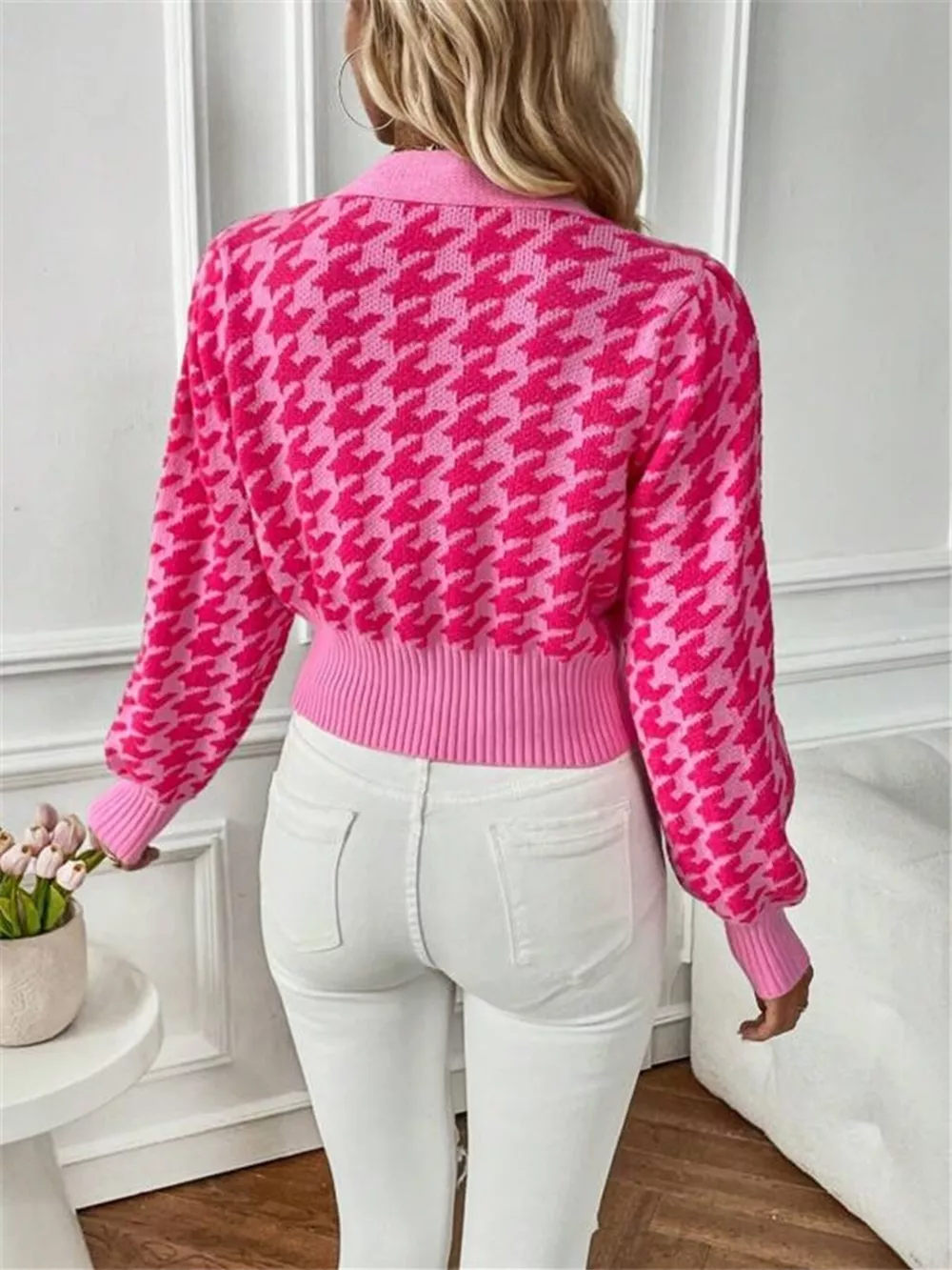 Houndstooth V-Neck Button Up Cardigan, image 20