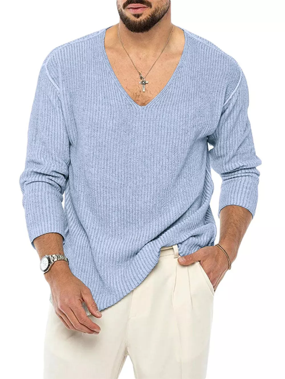 Men's Casual V-Neck Ribbed Knit Sweater, image 7