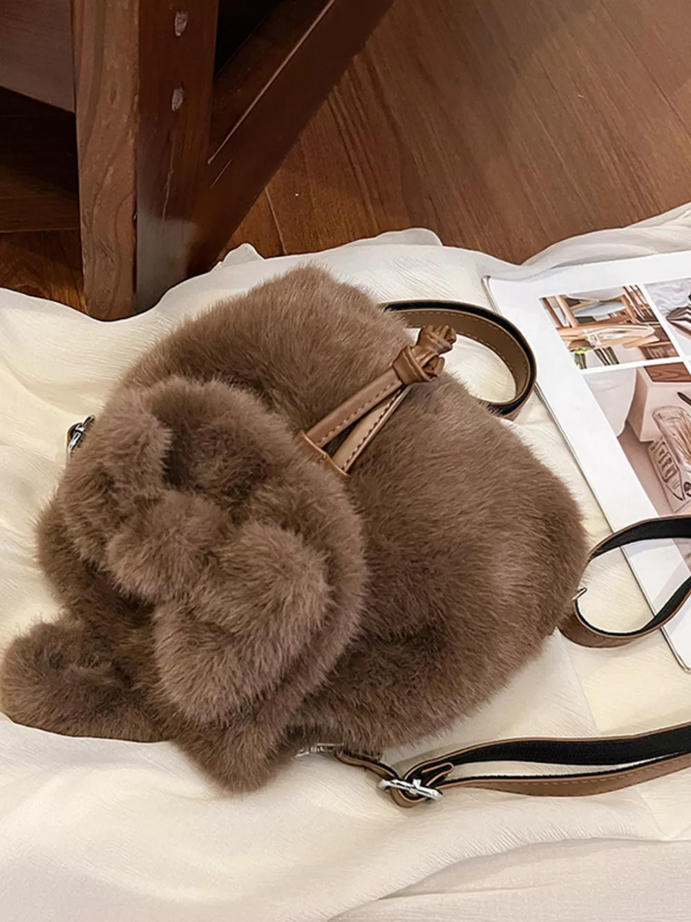 Fuzzy Plush Drawstring Backpack Bag, image 7
