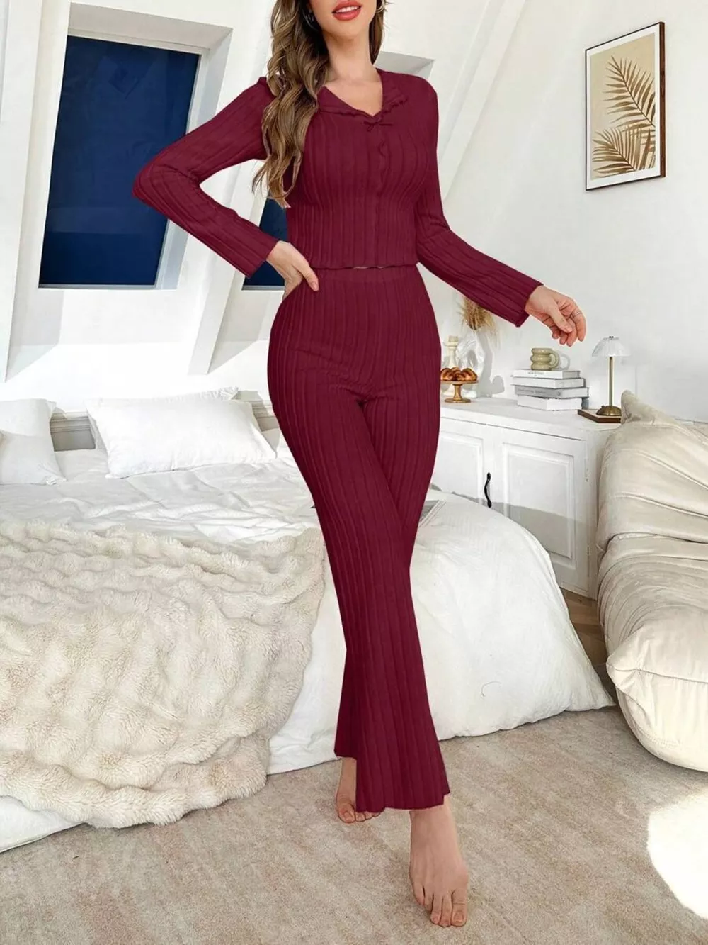 Bow Detail Ribbed Knit Top and Pants Lounge Set, image 6