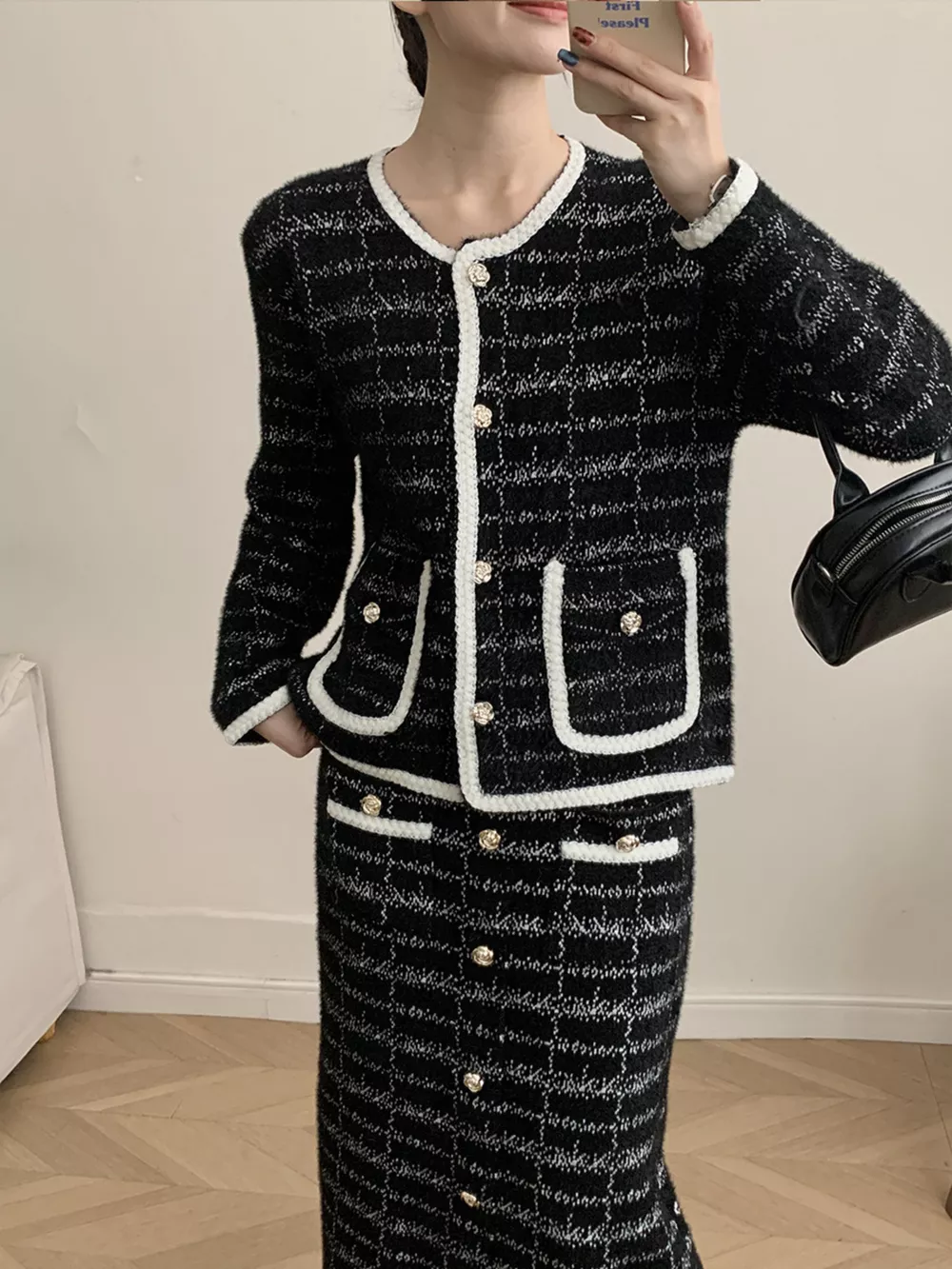 Tweed Contrast Trim Jacket and Skirt Set, image 4