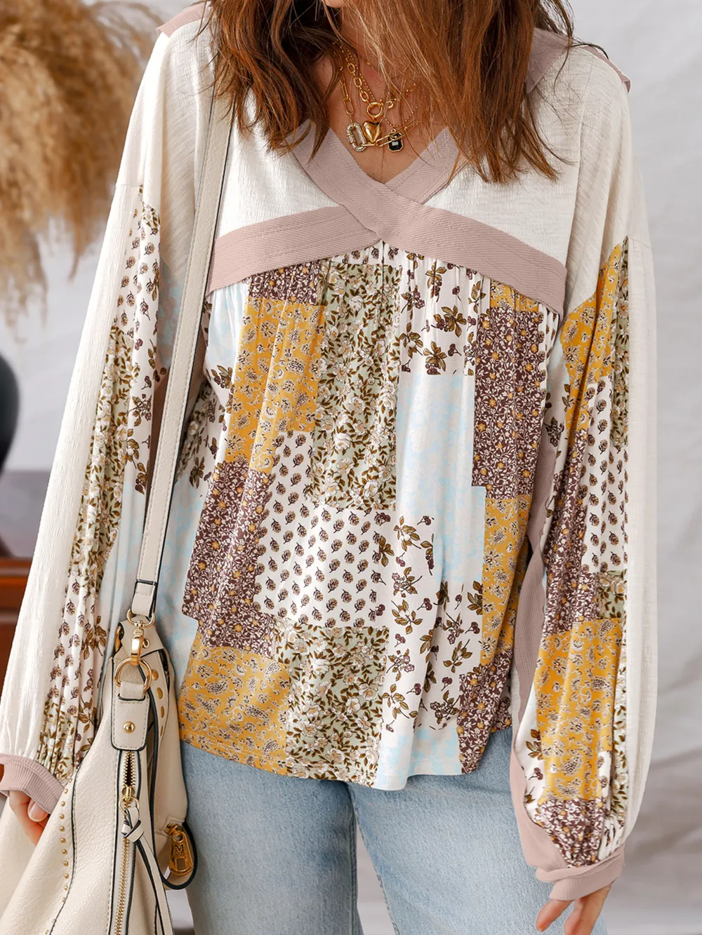 Floral Printed Contrast Patchwork Long Sleeve Top, image 5