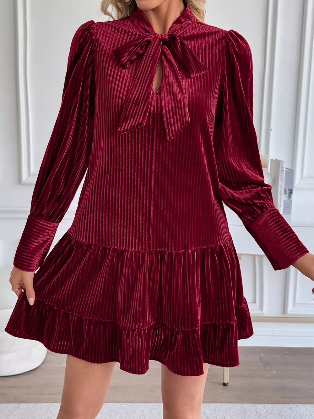 Velvet Tie Front Tiered Mini Dress, image 11