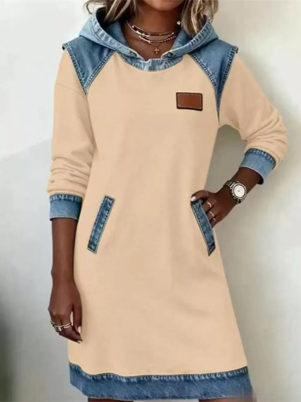 Full Size Denim Patchwork Hooded Sweatshirt Dress Plus Size, image 7