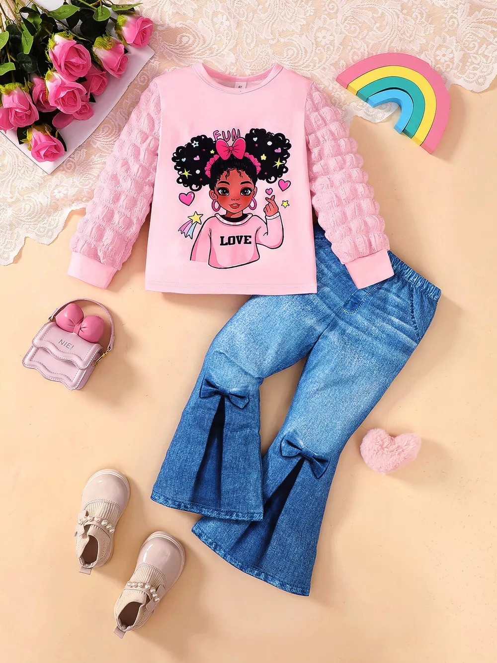 Children's Graphic Long Sleeve Top & Flare Jeans Set