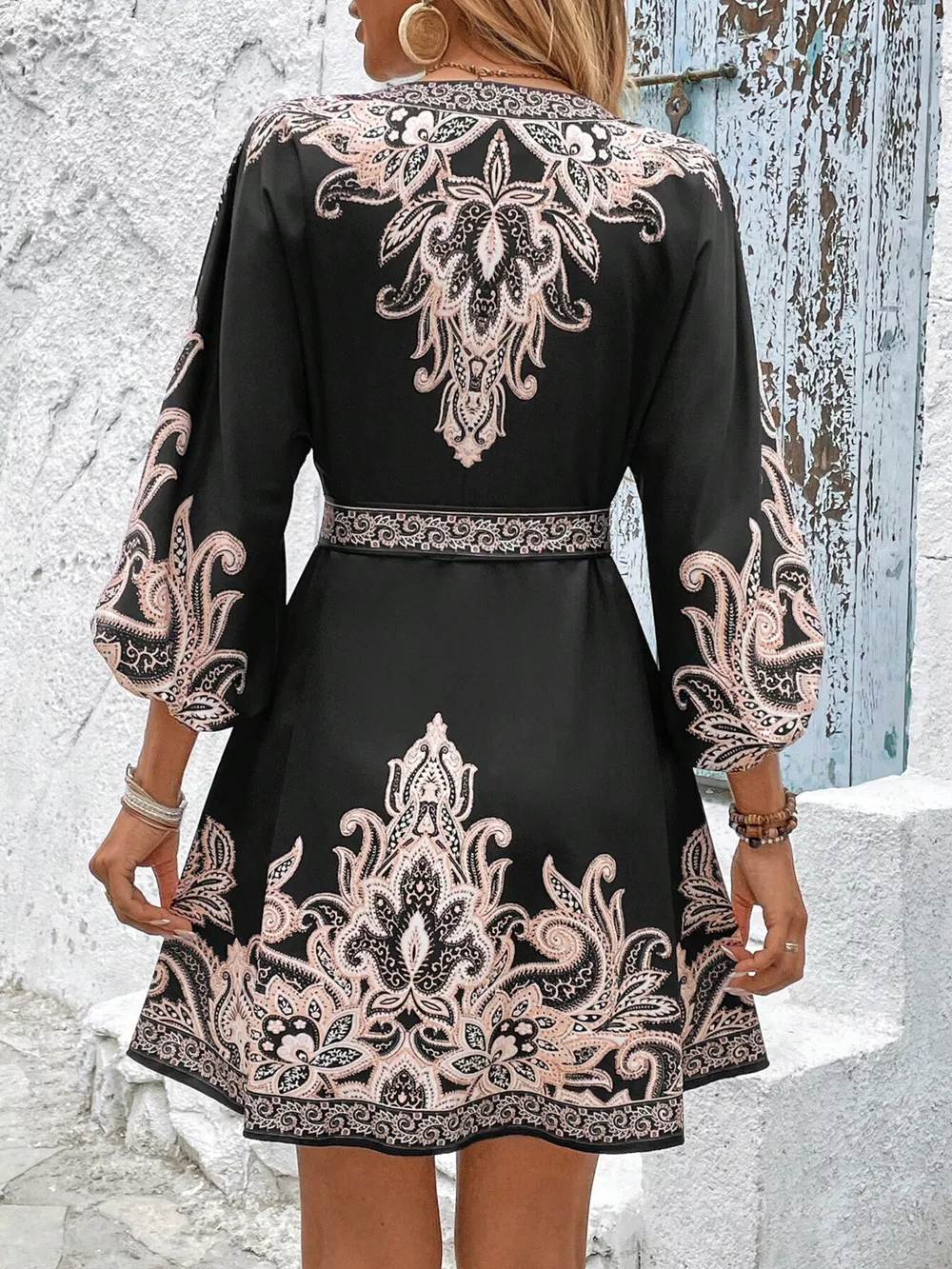 Paisley Print V-Neck Belted Mini Dress, image 13