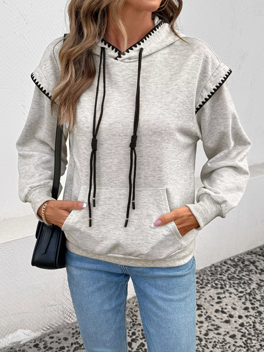 Contrast Trim Drawstring Hoodie with Kangaroo Pocket, image 9