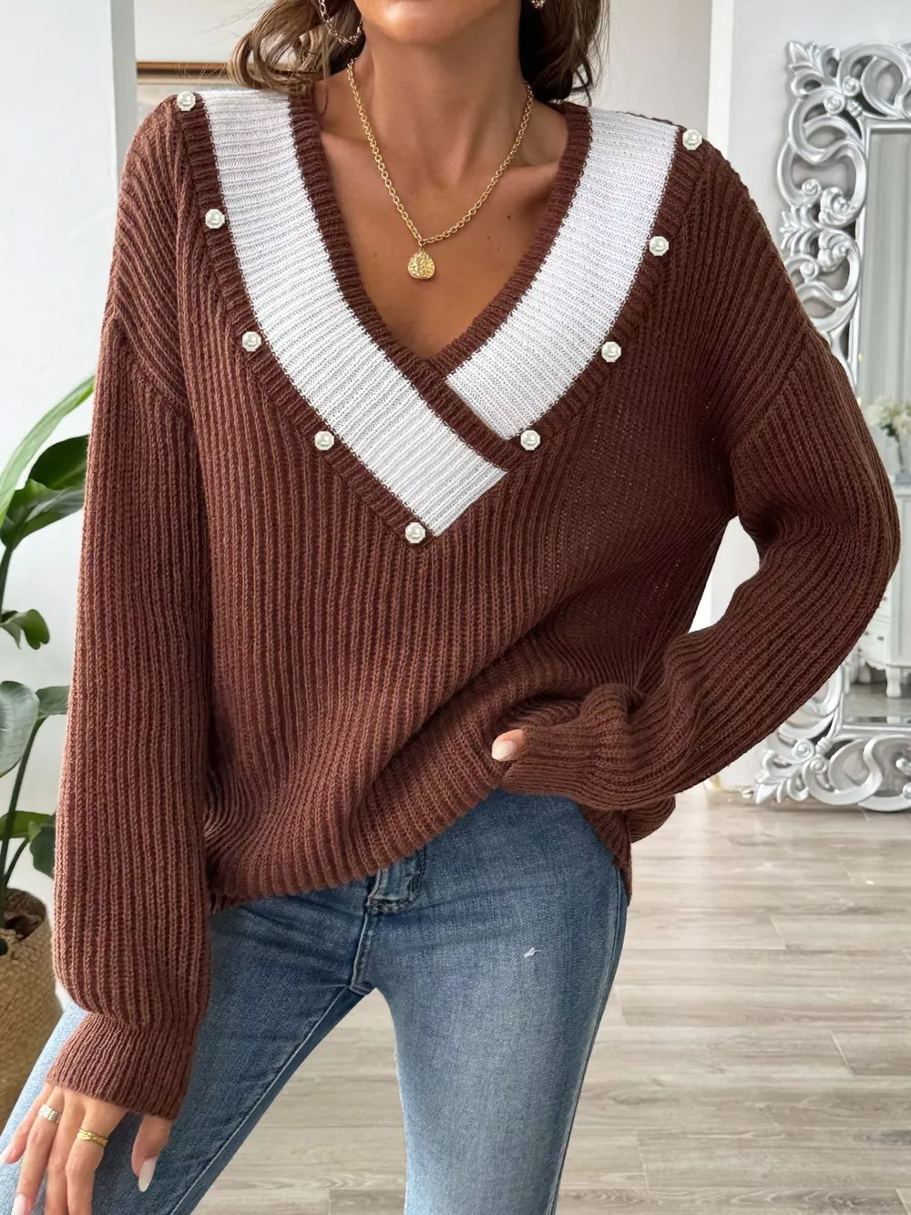 V-Neck Button-Decorated Sweater, image 2
