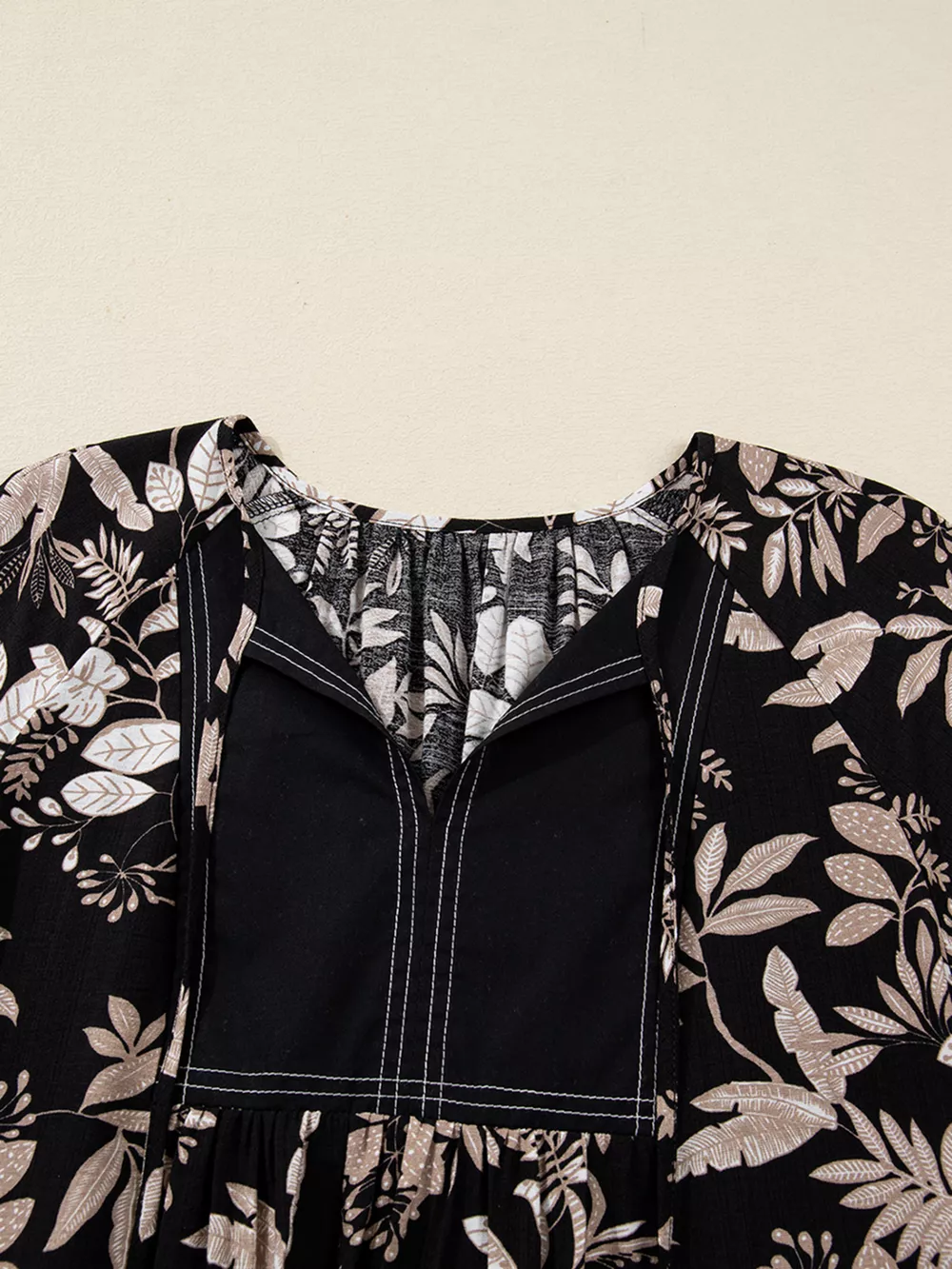 3/4 Sleeve Botanical Print Split Neck Loose Mini Dress, image 13