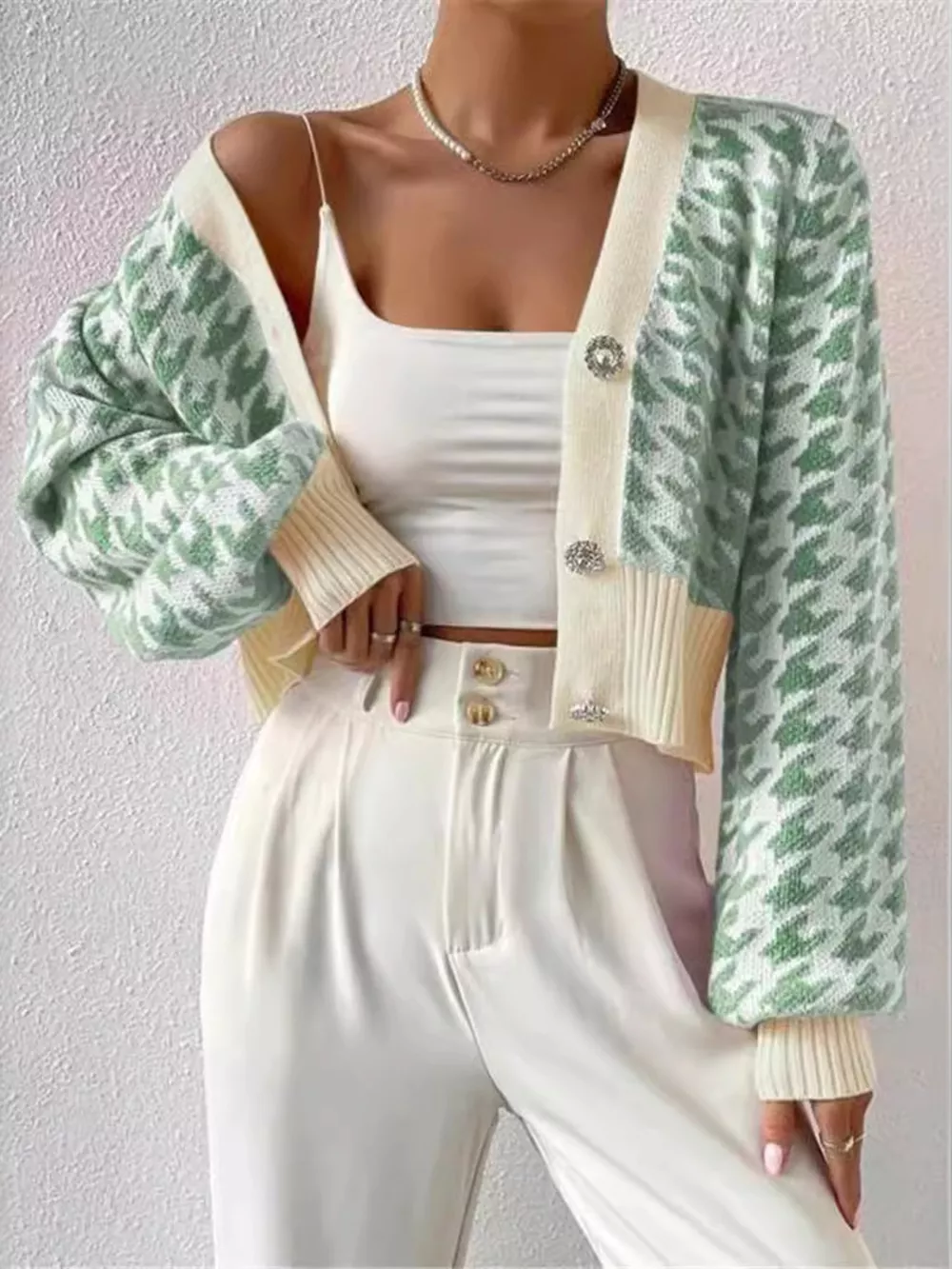 Houndstooth V-Neck Button Up Cardigan, image 21