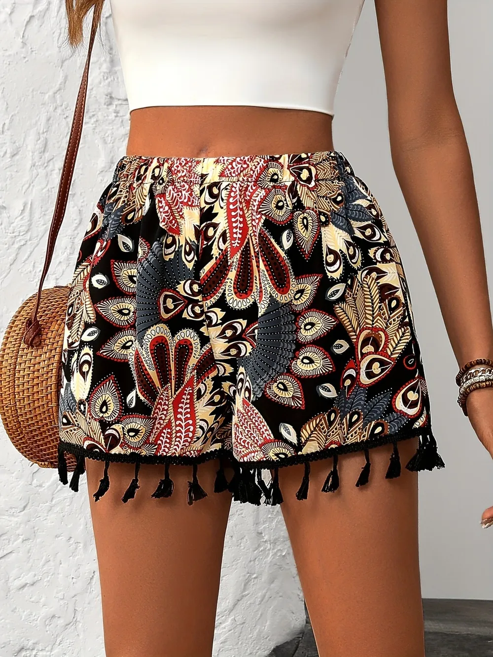 Paisley Print Tassel Hem Shorts, image 7