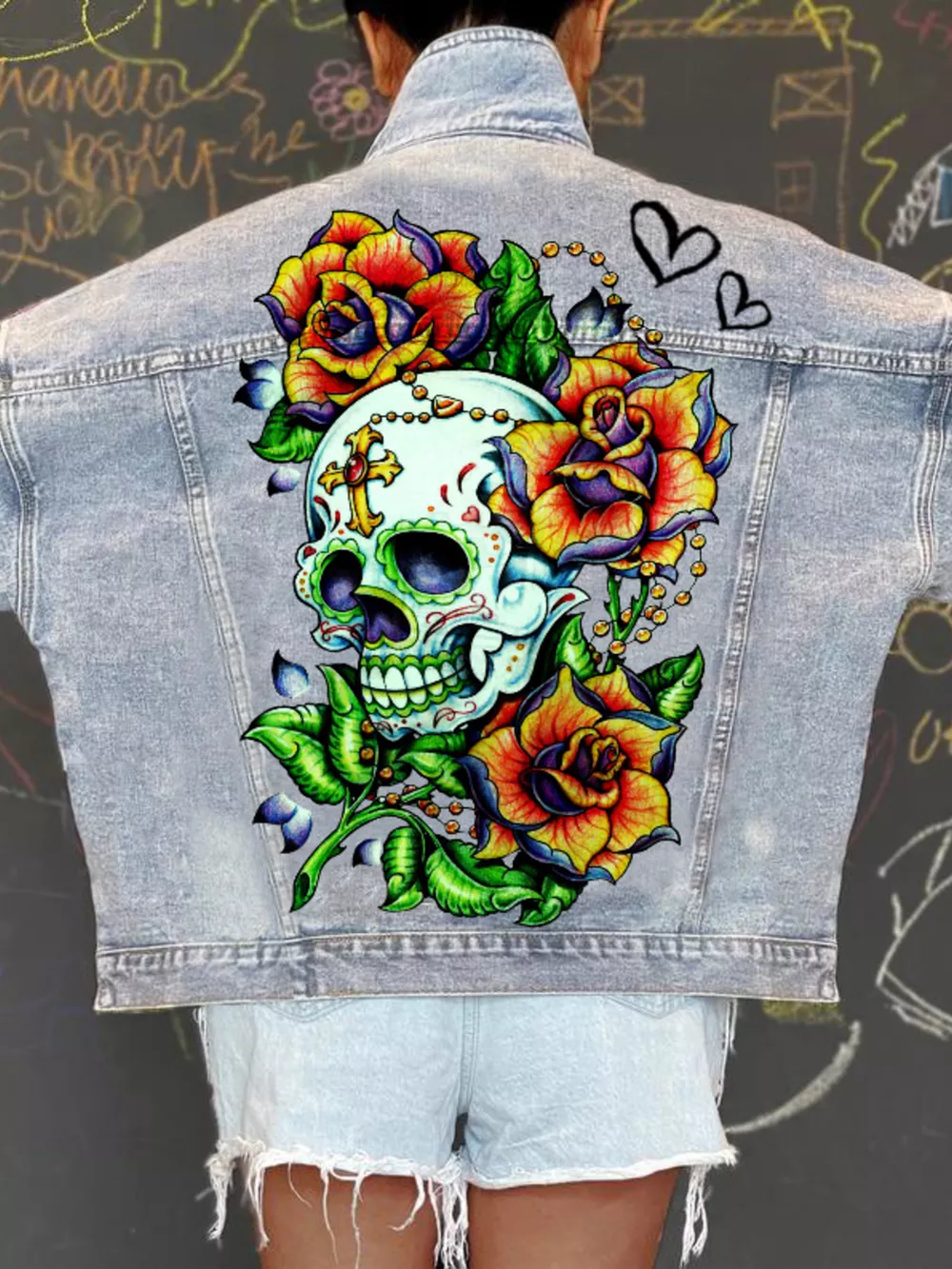 Full Size Skull Graphic Button Up Denim Jacket Plus Size, image 3