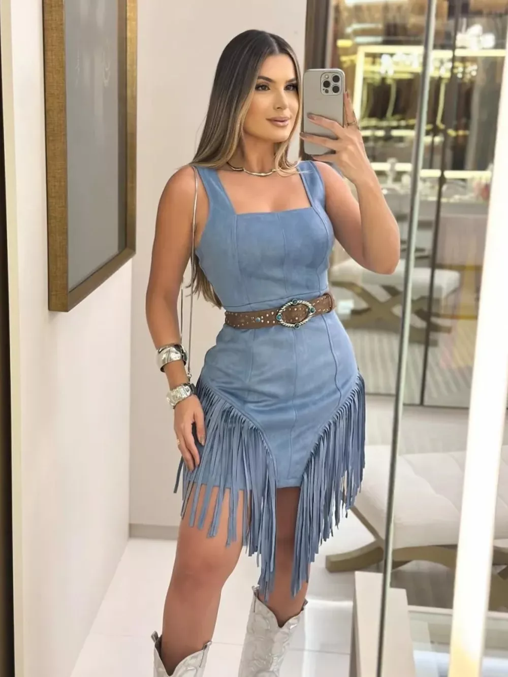 Sleeveless Fringed Mini Dress, image 2