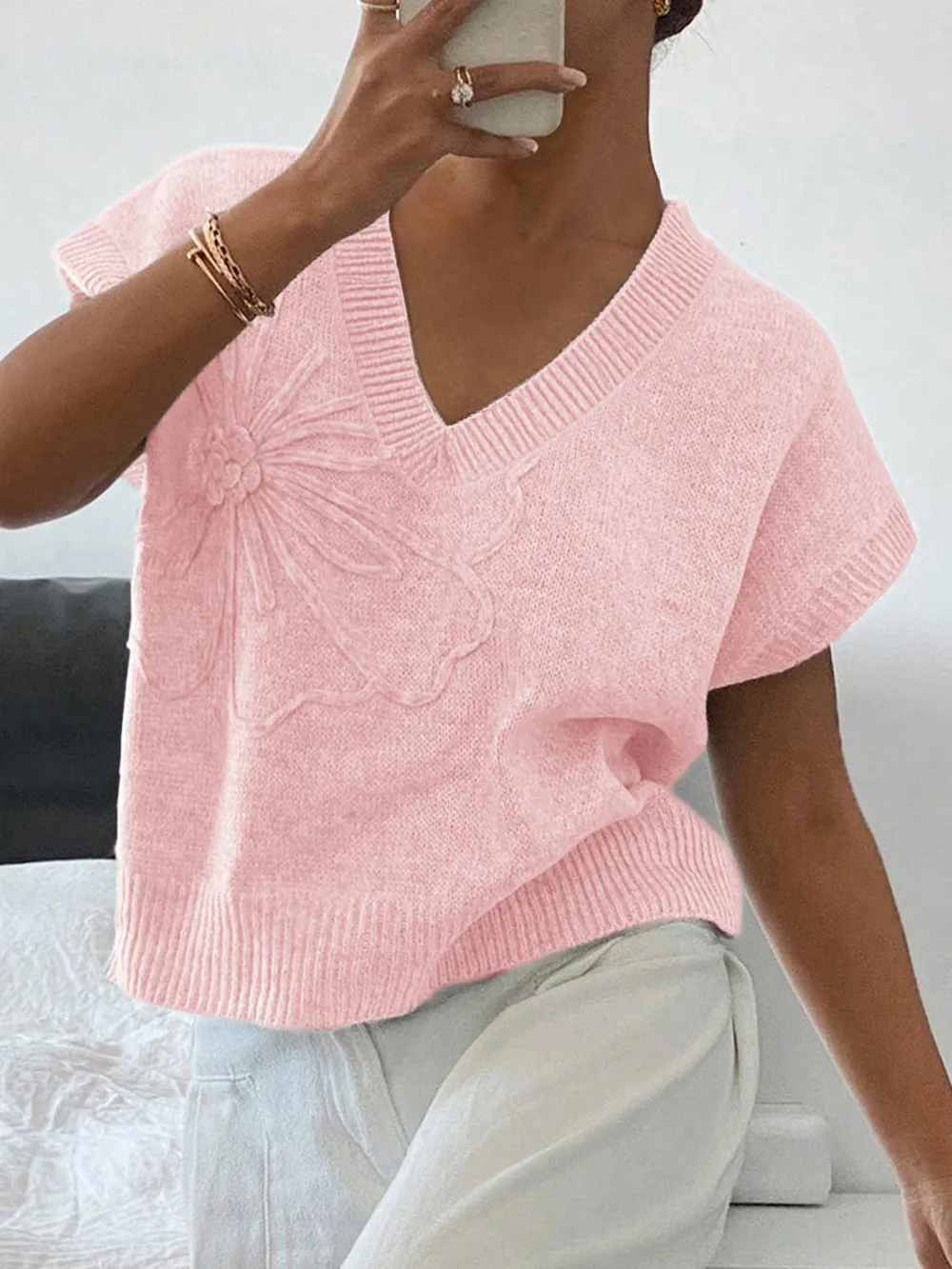 Ribbed Hem V-Neck Short Sleeve Sweater, image 10