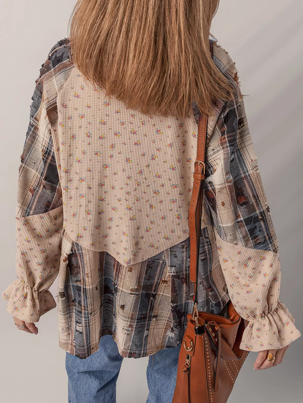 Boho Floral Plaid Patchwork Distressed Detail Ruffled Sleeve Waffle Knit Shacket, image 4
