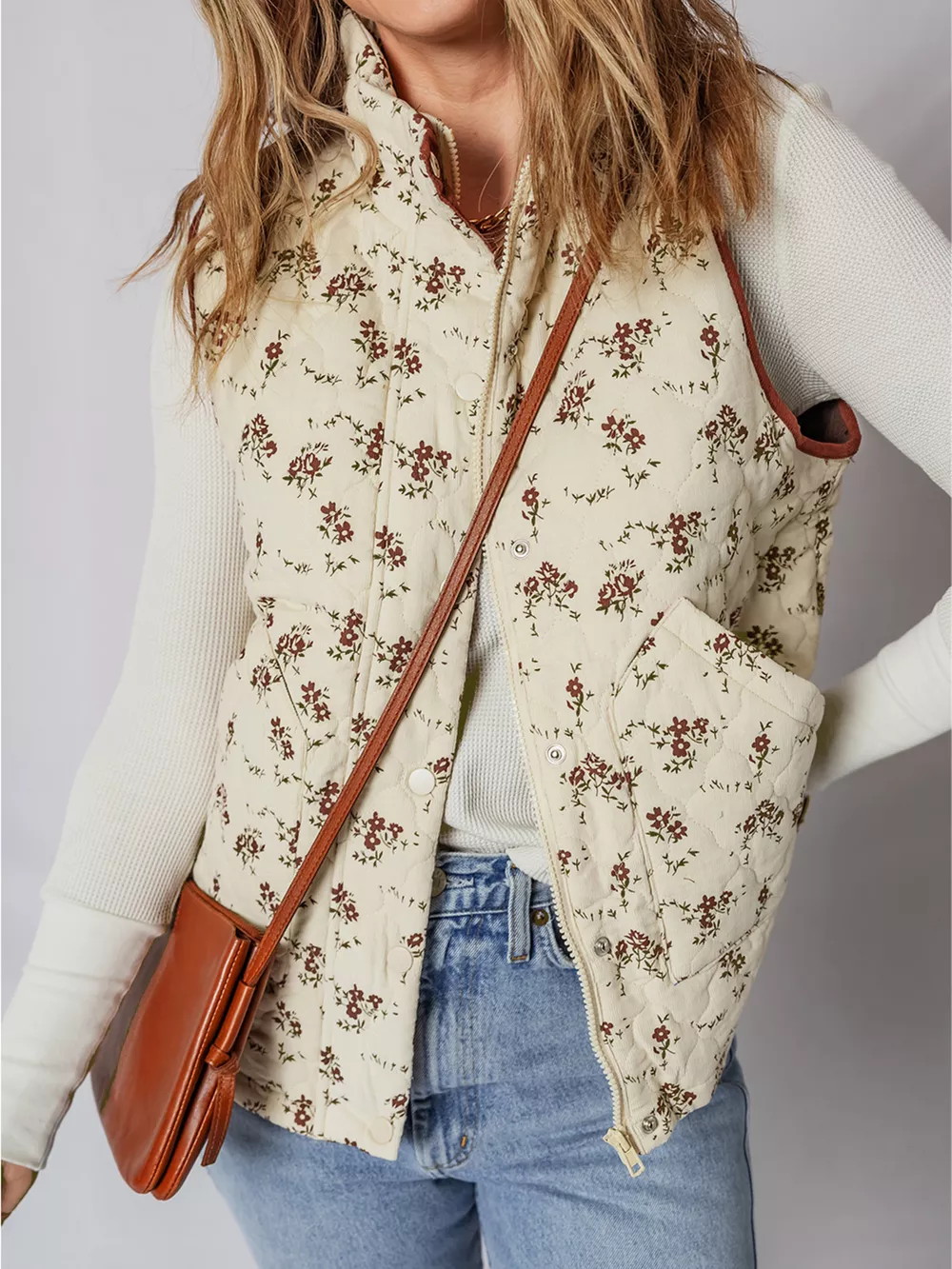 Floral Print Zip Up Quilted Vest, image 8