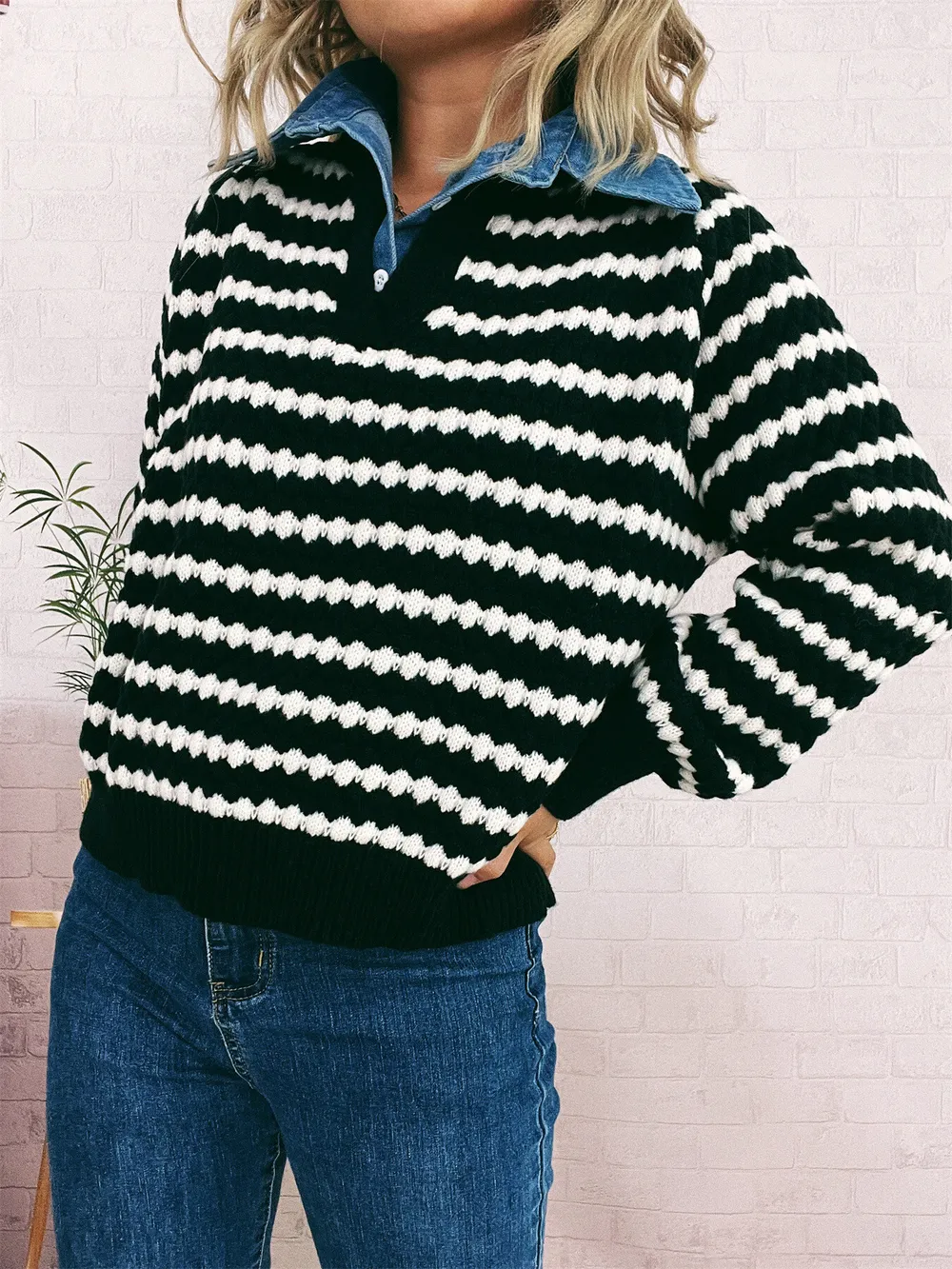 Contrast Striped Sweater with Denim Collar, image 2