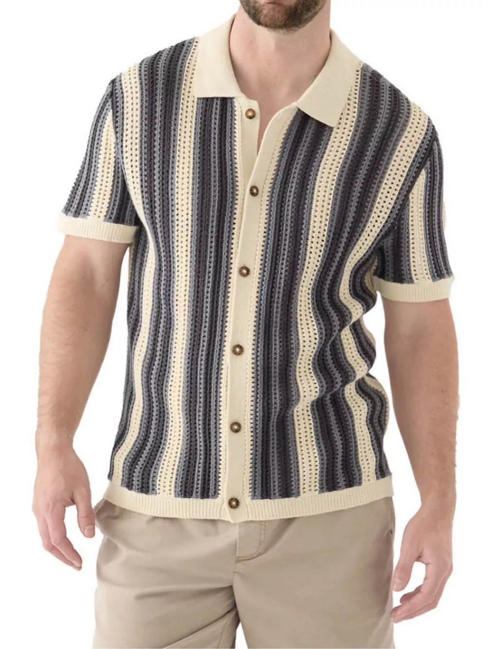 Men's Plus Size Striped Button Up Short Sleeve Cardigan
