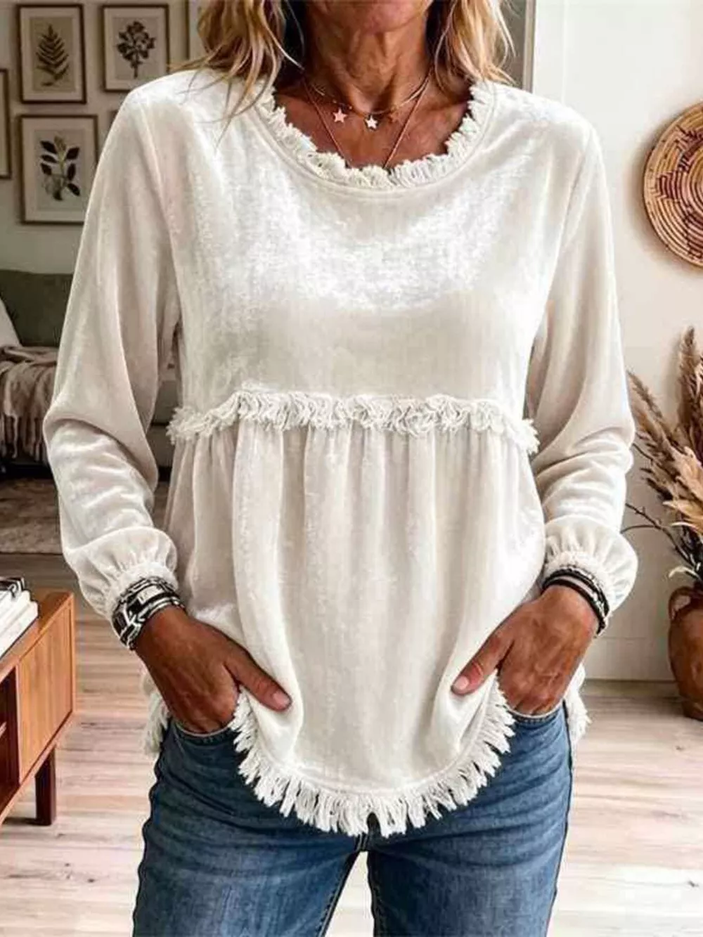 Fringed Hem Long Sleeve T-Shirt