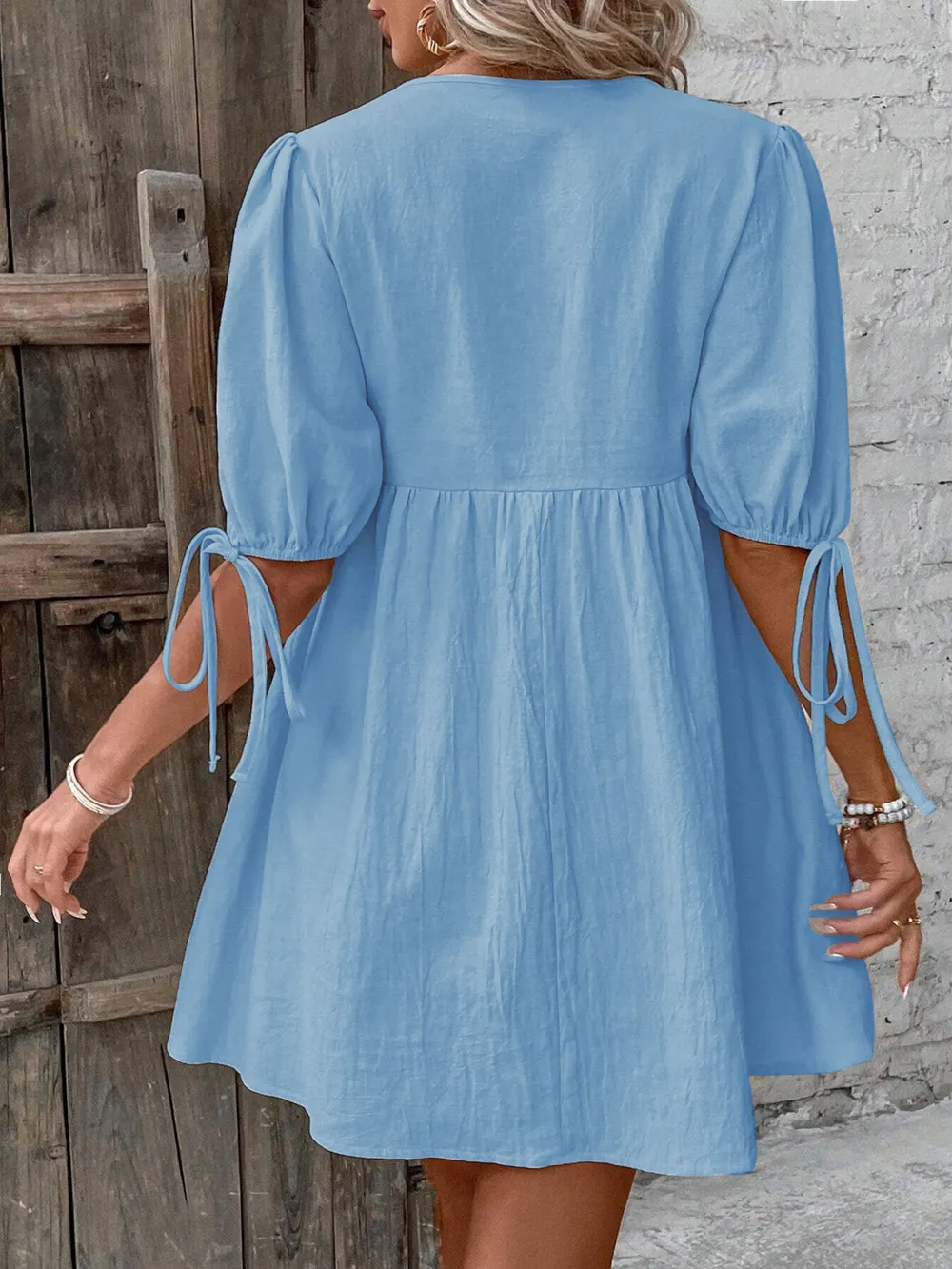 V-Neck Tie-Front Mini Dress with Puff Sleeves, image 24