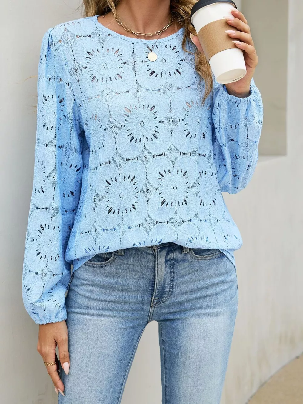 Floral Eyelet Lace Long Sleeve Blouse, image 4